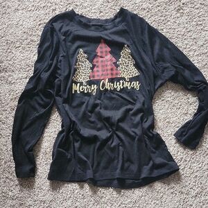 Black Graphic Long Sleeve Hoodie with Christmas Design
